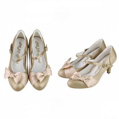 Bow Accents & Decorative Heart Snap PU Golden Mid Heels in Classic Lolita