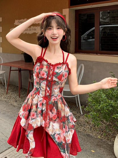 Front Red Rosette Print Cascading Ruffles Lace-up Cami Dress