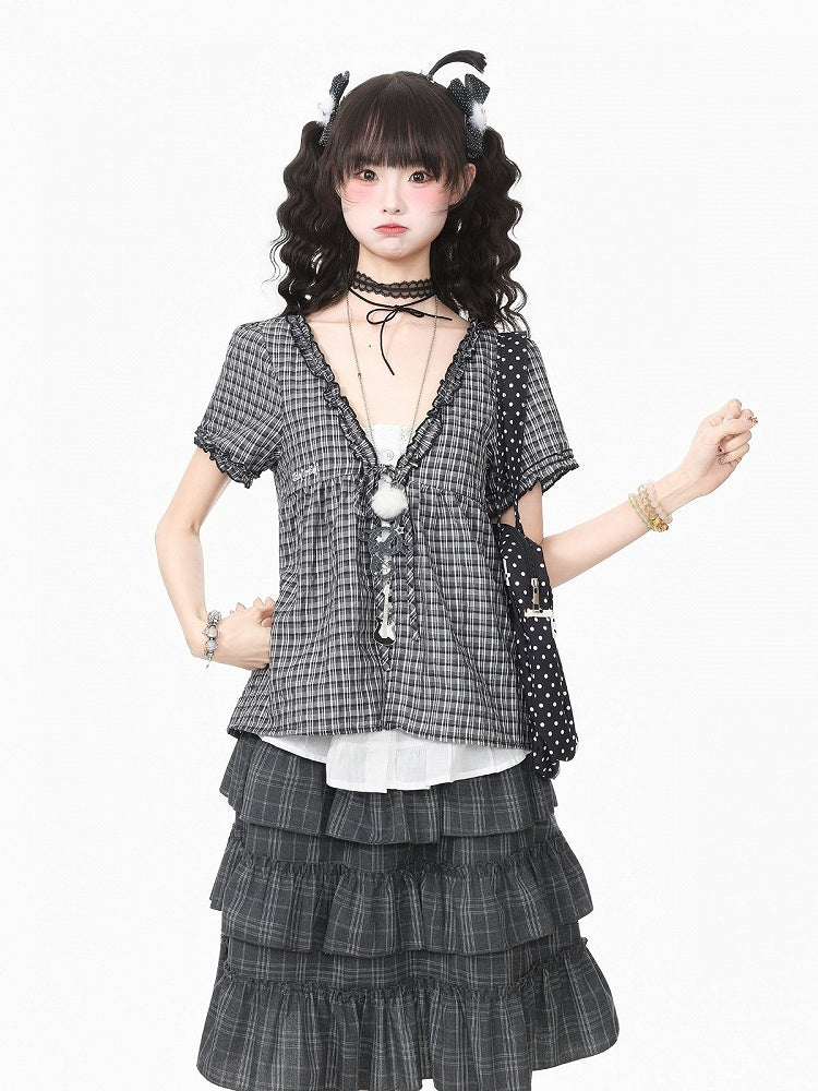 Gray Plaid V Neck Short Sleeve Top - Languid Park