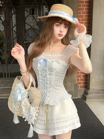 Rüschenärmel Blau Korsett Saum Peplum Puff Top Faux Zweiteiler Mit