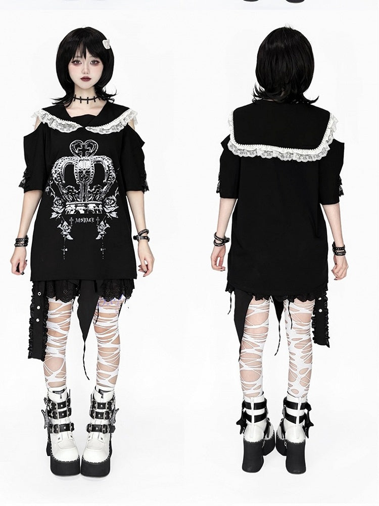 with Purple Crown White and Print Shoulders - Cutout / T-Shirt Collar Black Beaded Sailor