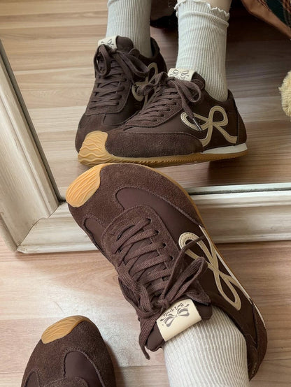 Design Bowknot Ties Front Lace-up Brown Sneakers
