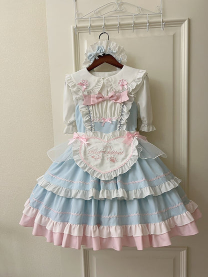Blue JSK Sweet Bow / Apron Lolita Full Maid Ruffle Set Dress + Heart