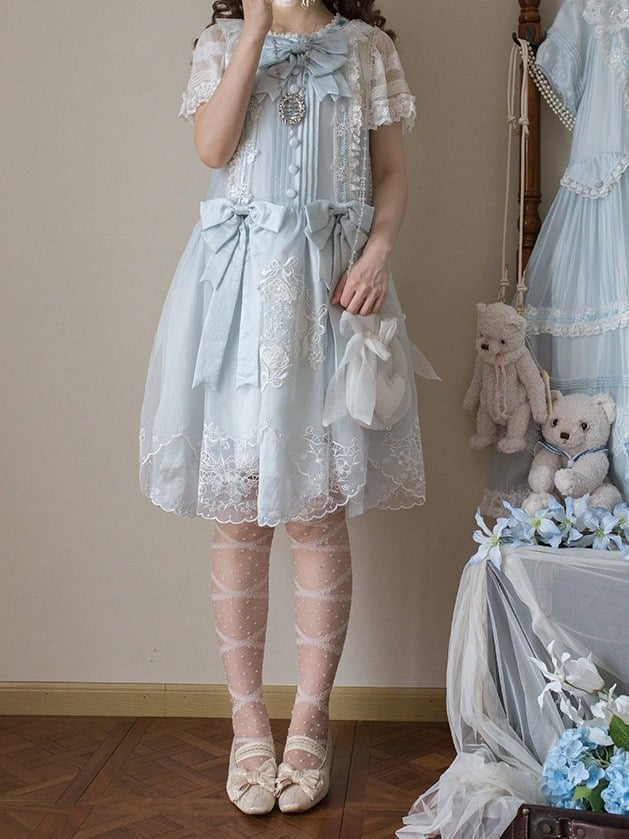 Blue Flutter Sleeve Lolita Dress with Bows and Scallop Trim