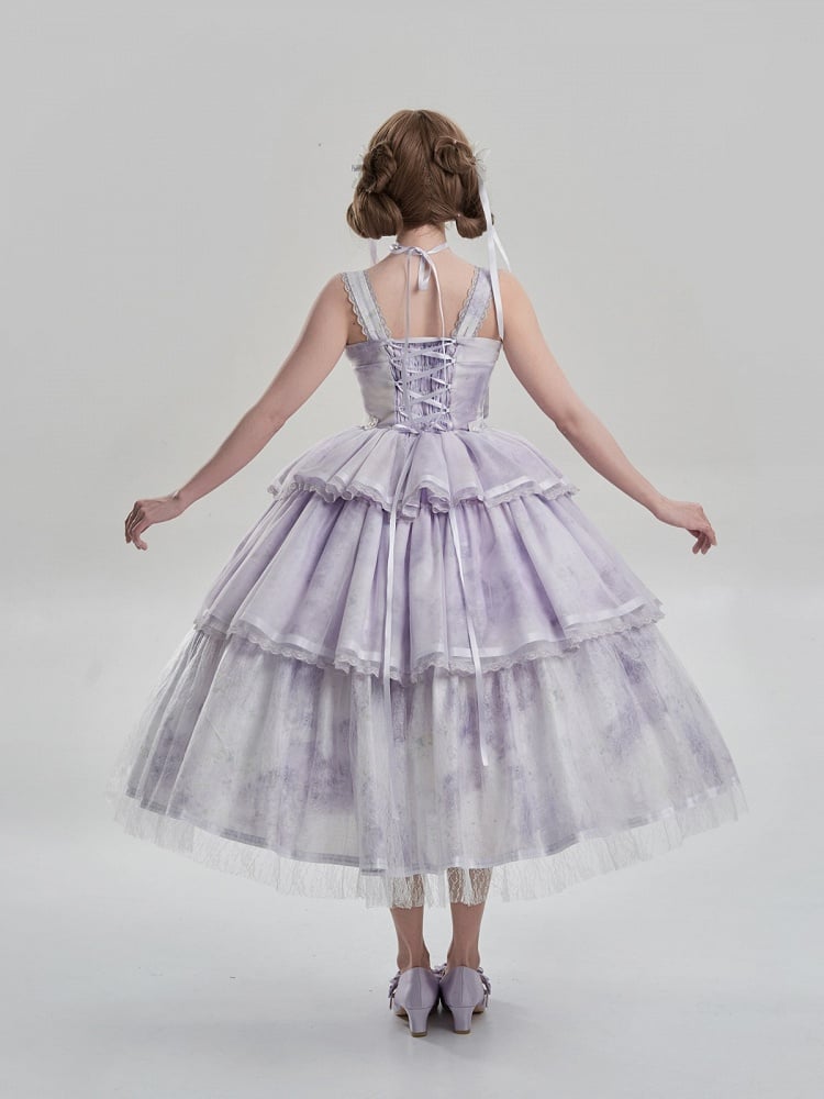 Oil Dress Painting and with Tiered Purple Lolita JSK Print Hem Embroidery Detail