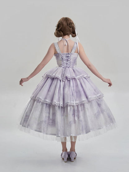 Oil Dress Painting and with Tiered Purple Lolita JSK Print Hem Embroidery Detail