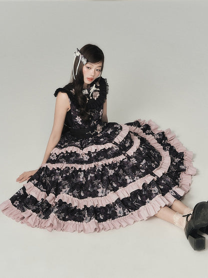 Elegant Black Lolita Layered Sleeveless Gown with Embroidered Accents - Yimu Walnut