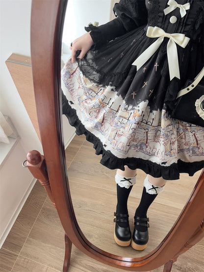 Dress White Lolita Black JSK Print Sweet Sheep with Overlay Angel