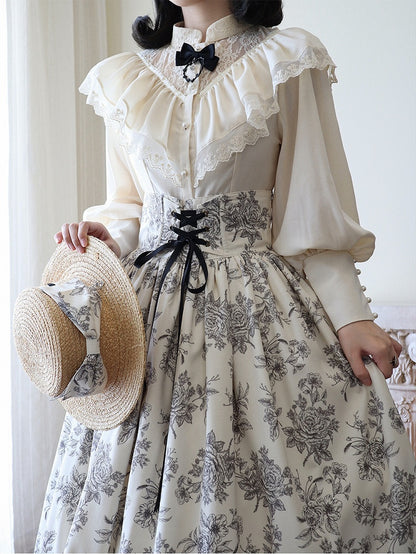 Beige Edward Neck Lolita Blouse with Bead-Accented Cuffs