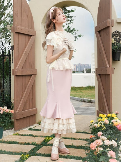 Bluse Rüschenkleid Stufen Meerjungfrau Slip Saum Beige + Pink