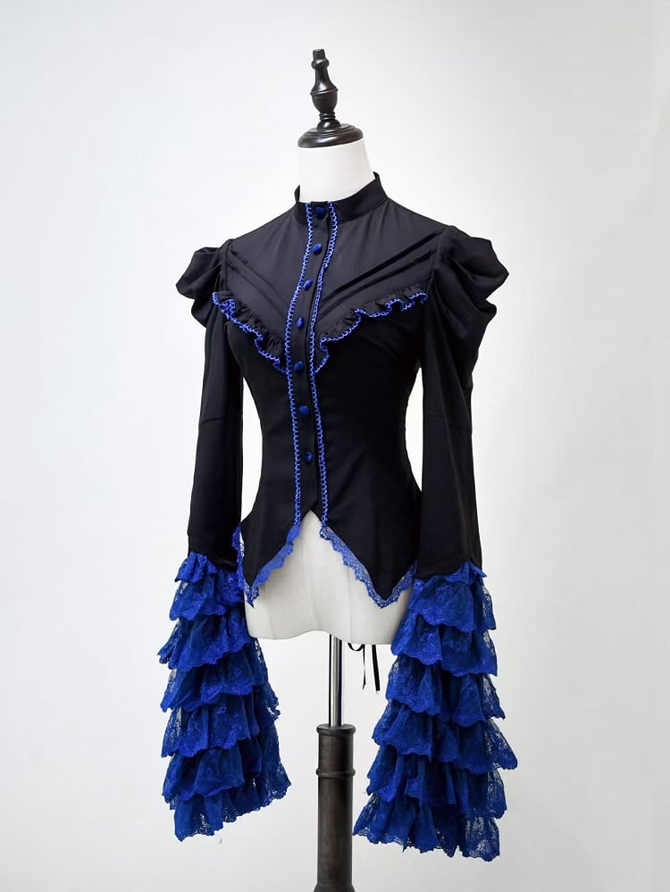 Black Sleeves Bell Lolita and Layered Gothic Shirt Klein Blue