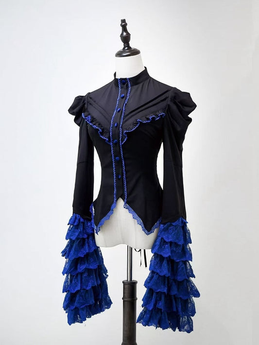Black Sleeves Bell Lolita and Layered Gothic Shirt Klein Blue