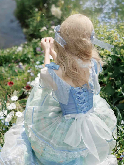 Sleeves One Oil Piece Water Lily Print Sky Square Neckline and Painting Blue Flutter