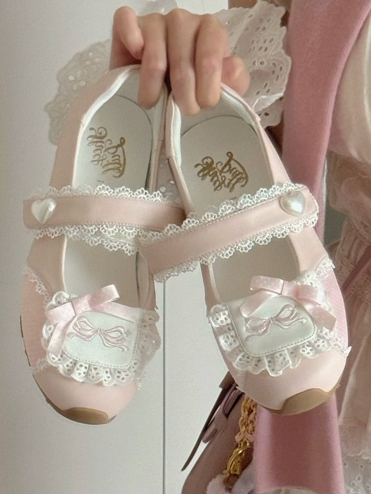 Heart-Embellished Closure Sweet in Pink Velcro Flats Lolita Trim Lace