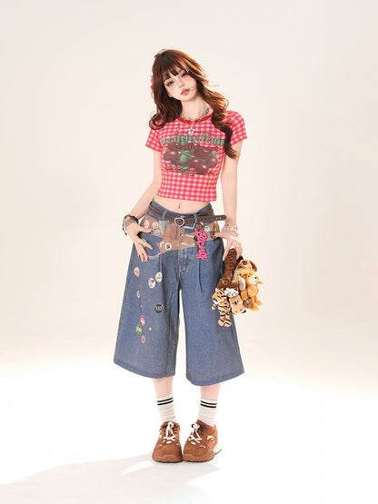 Blaue Jeans mit geradem Bein und niedriger Taille