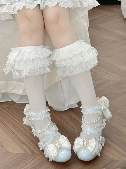 Light Blue Lolita 5cm Mid Heel Shoes with Big Bow and Pearl Embellishments Sweet Style - Sheep Puff