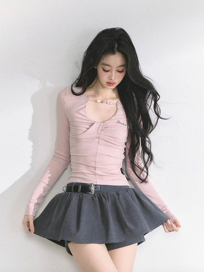 Details Neckline Ruched Light Pink Bead Design Top