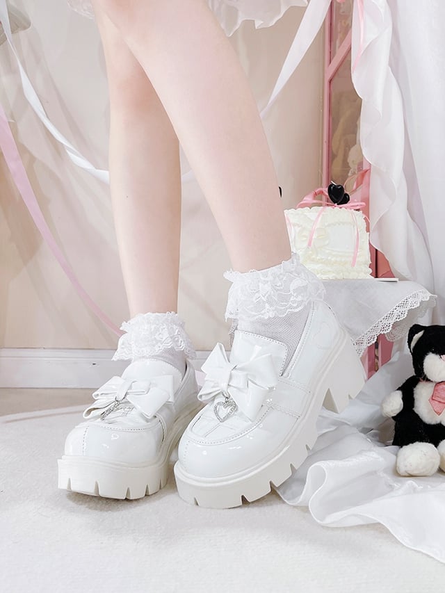 Featuring with White Kei High Bow Block Loafers Polished - Heels Charm PU Jirai Heart Slip-On