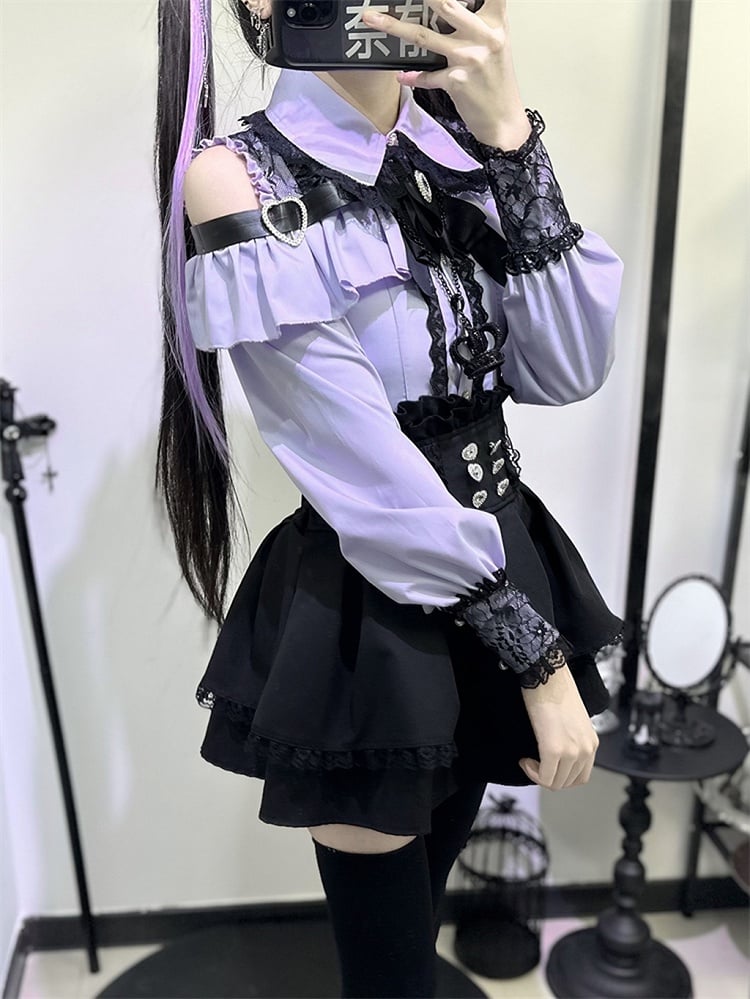 | Shoulder Kei Cutout Blouse with Dusty Purple Heart Decorative Look Buckle Jirai