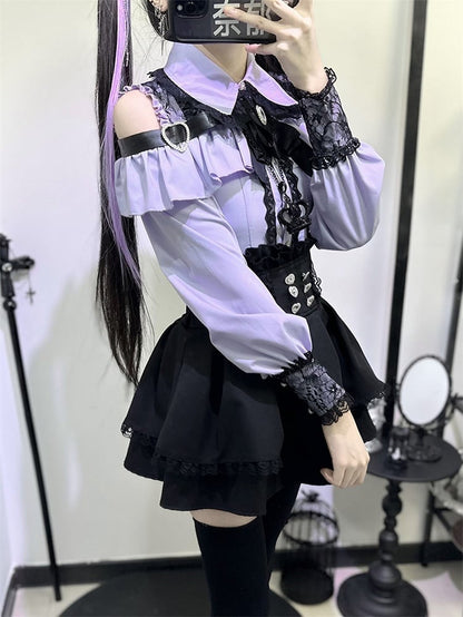 | Shoulder Kei Cutout Blouse with Dusty Purple Heart Decorative Look Buckle Jirai