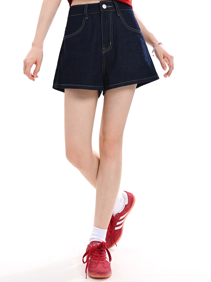 Blue Wide-leg Denim Shorts Kitty Embroidery Back