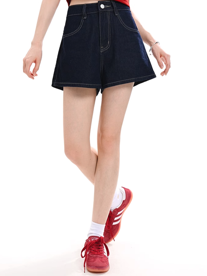 Blue Wide-leg Denim Shorts Kitty Embroidery Back