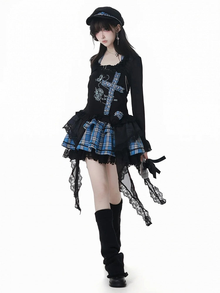 ブルーハートのブラックチェック柄とティアードスカートのバックル、レーストリムのアイドル