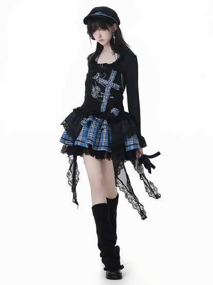 Print Design Schmetterling Taschentuch Saum Idol Blau Plaid Criss-Cross Neckholder Top Schwarz und Rose