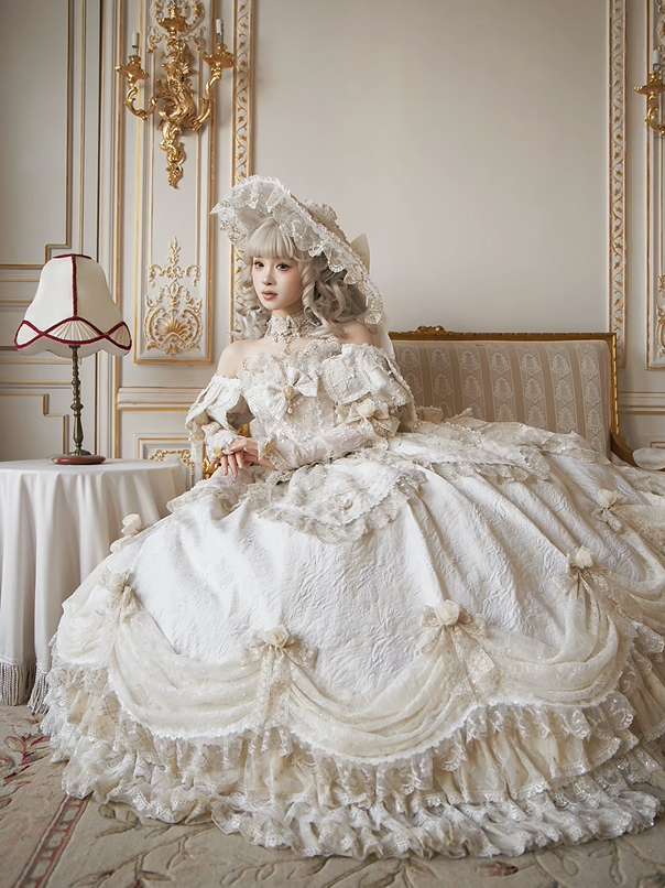 Ruffles Gown Lolita and Version Details Off-Shoulder Hime Hanayome Layered Bow with Champagne Long Lace