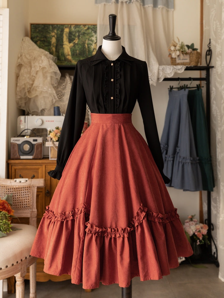 Lolita Ruffle-Trim Flounce-Hem Midi Skirt in Orange Red