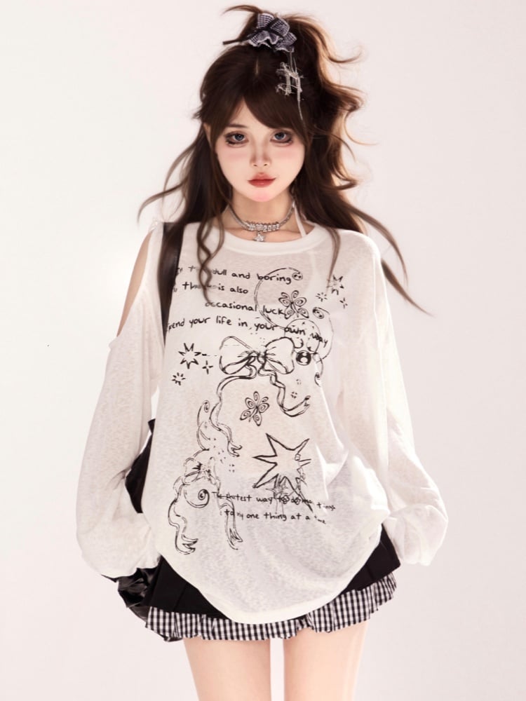 Semi-sheer Bowknot Graffiti Print Coverup Cutout Shoulder Black/White