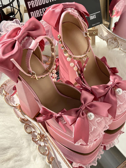 Pink Bows Rhinestone Ankle Strap Block Heel Lolita Shoes with Beaded Chains