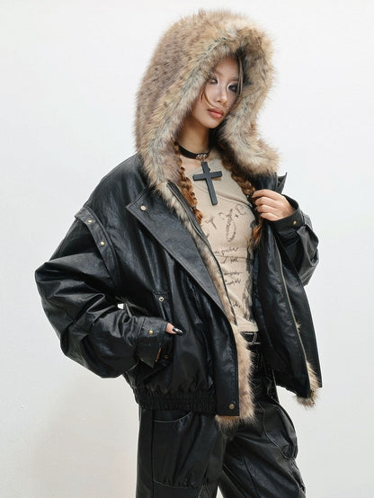 Accent with Jacket - Zip Snap Hooded Style Closure Punk Plush Details Black