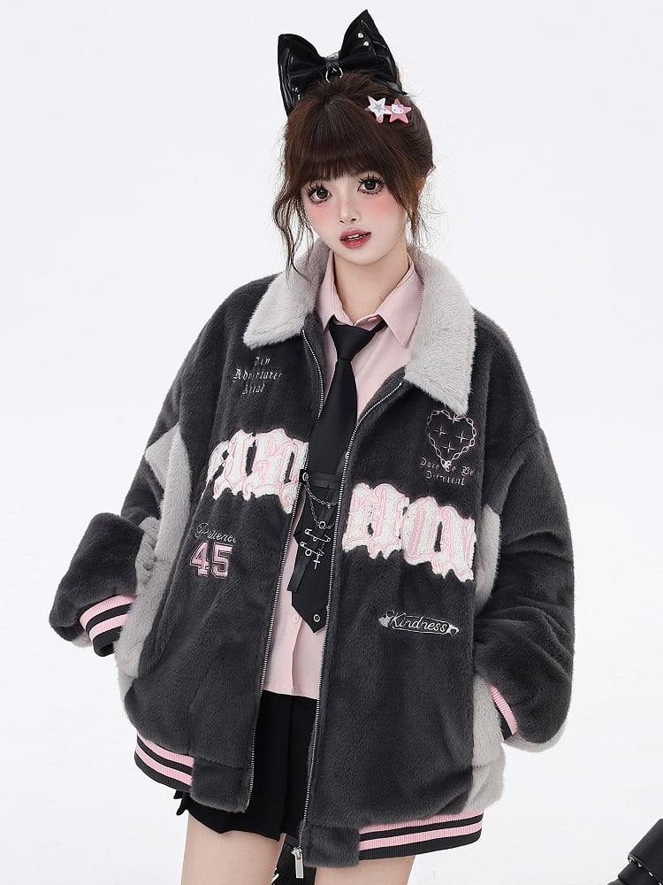 Jacket Baseball Fleece Gray with Letter Embroidery Heart