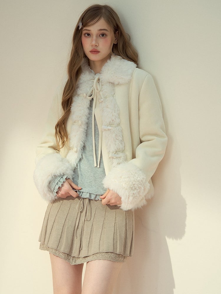 Fur Jacket Toggle with Beige Collar Vintage Button