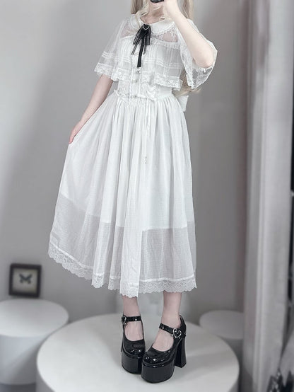 Kei Design Jirai Long and Lace-up Waist Fabric with Cape White Dress Chiffon