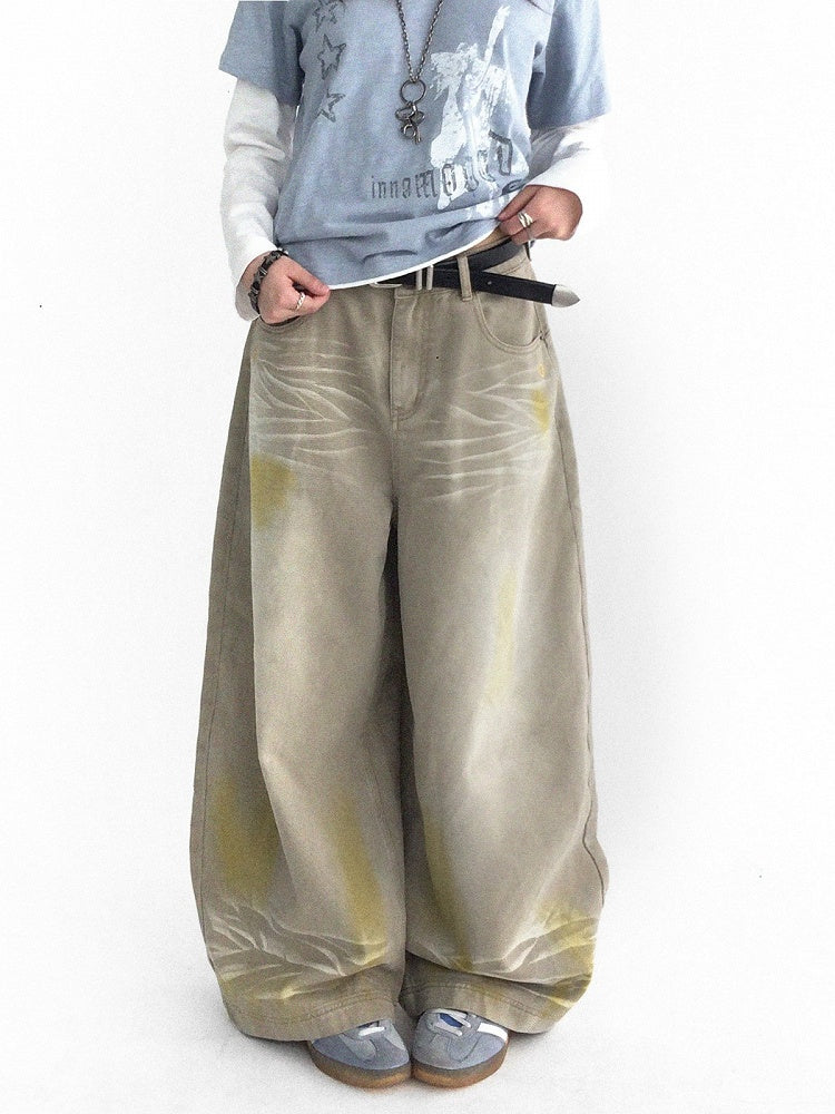 Washed Faded Light Yellow Wide-Leg Jeans with Graffiti Details
