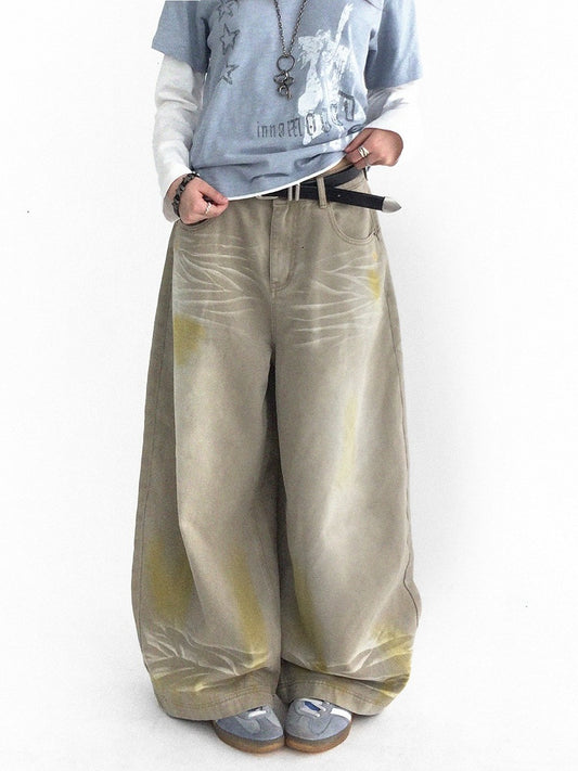 Washed Faded Light Yellow Wide-Leg Jeans with Graffiti Details