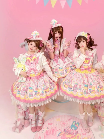 Bunny Cupcake Sweet Lolita Yellow Pink and Dress Overall Print