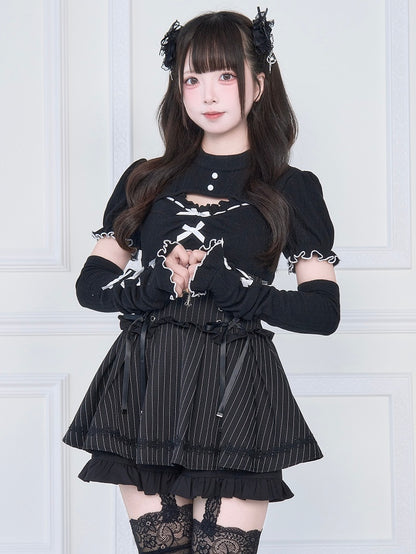 Knit Top with Contrast White Lettuce Hem Cuffs and Free Arm Warmers Jirai Kei Black