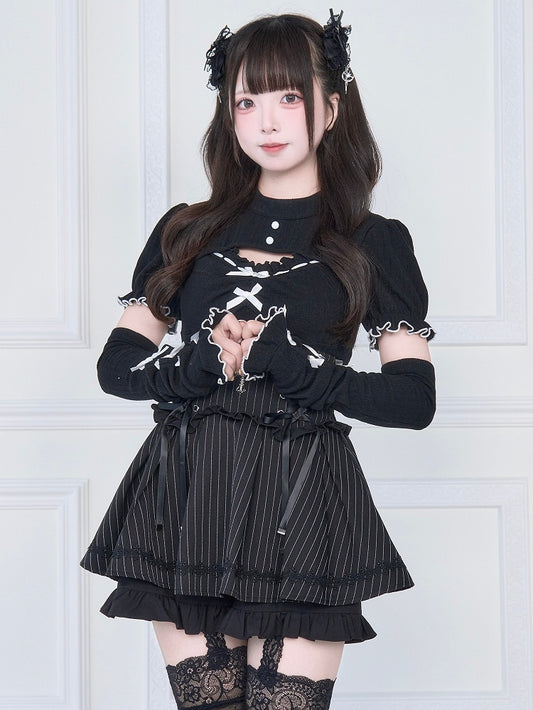 Knit Top with Contrast White Lettuce Hem Cuffs and Free Arm Warmers Jirai Kei Black