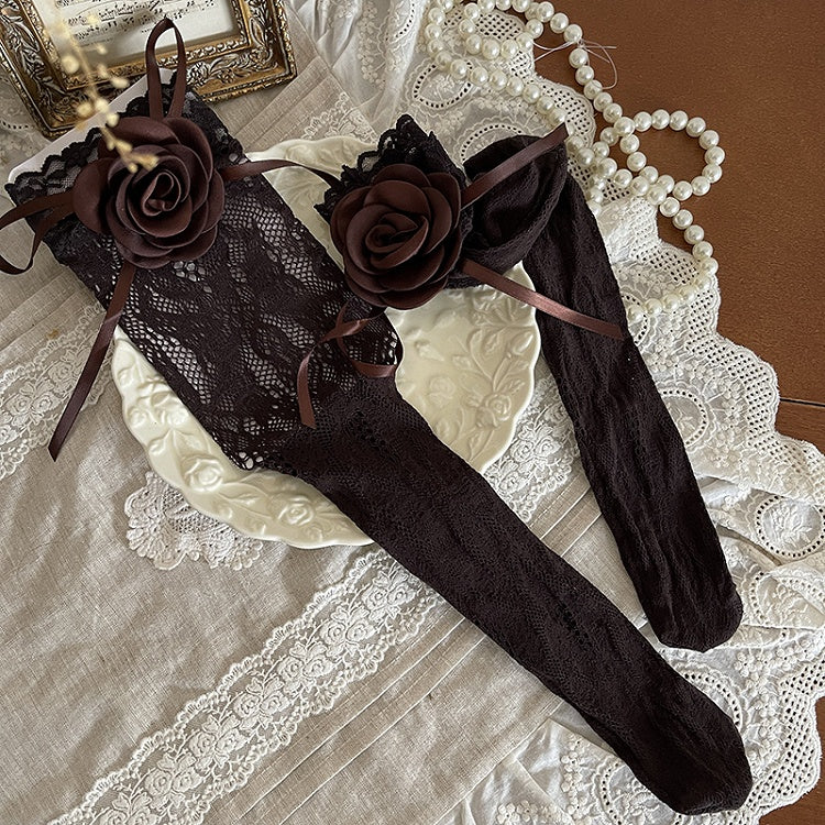 Knee Over Bow Lace Camellia Brown Decoration Stockings with