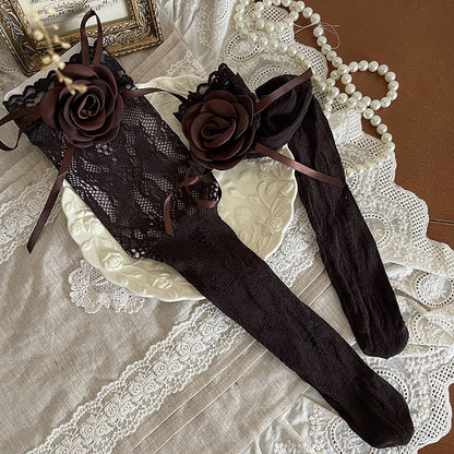 Knee Over Bow Lace Camellia Brown Decoration Stockings with