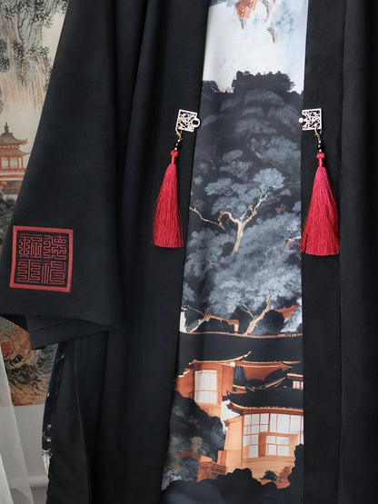Unisex Details Coat Style with Chinese Sleeves Fringe Black Print Baggy Tree Long Mountain