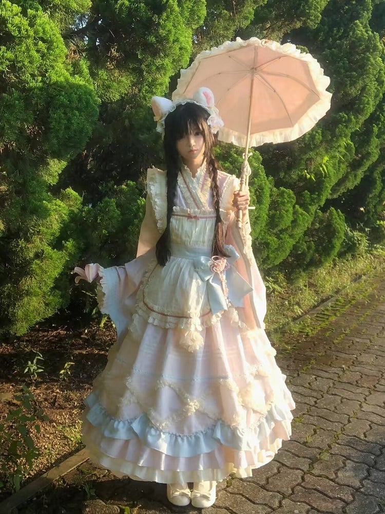 Hanfu-Inspired Lolita Top Set with Long Ruffle Skirt & Apron in Pink Blue - Berry Story Lolita