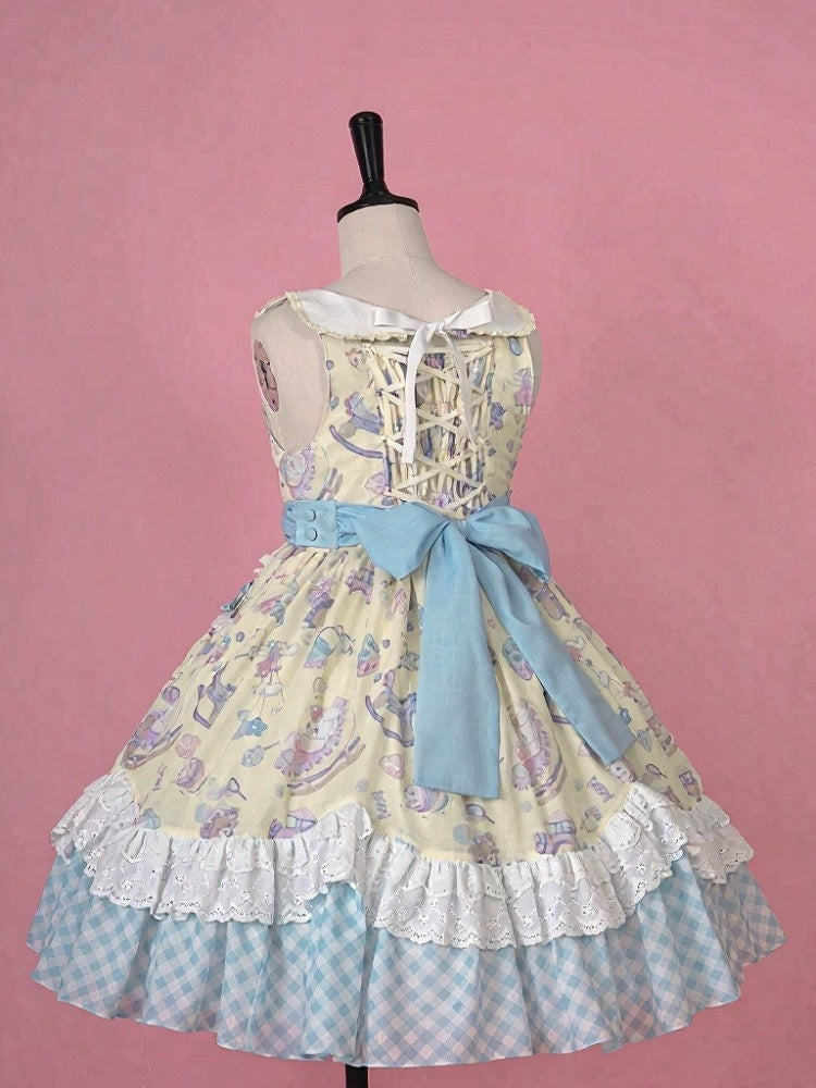 Adorable Lolita JSK Gown in Yellow and Blue with Lace Trim Detail - Vcastle