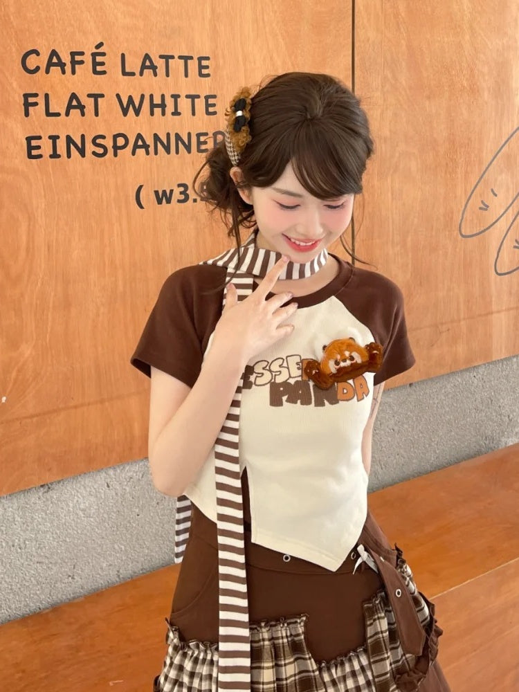 Long/Short Fashion Version T-Shirt with Detachable Plush Red Millard Panda Brown