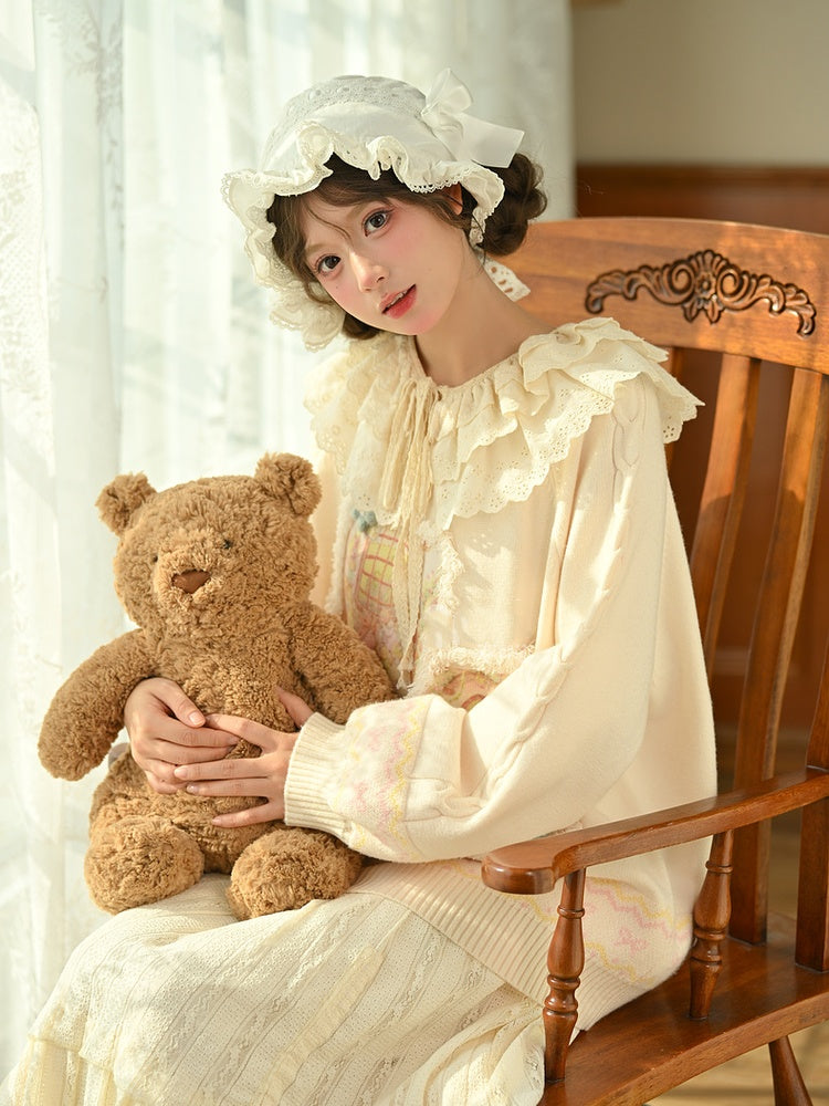 Yellow Oil Painting Teddy Bear Applique  Sweater