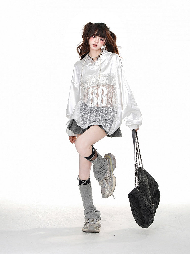 Black/White Bowknot Embroidery Contrast Lace Patches Loose Hoodie