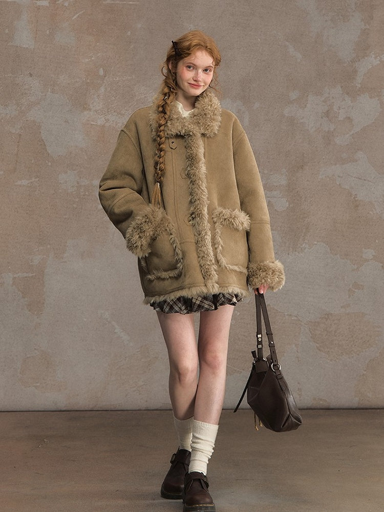 Reversible Suede and Fleece Coat with Fluffy Accents Khaki/Dark Brown